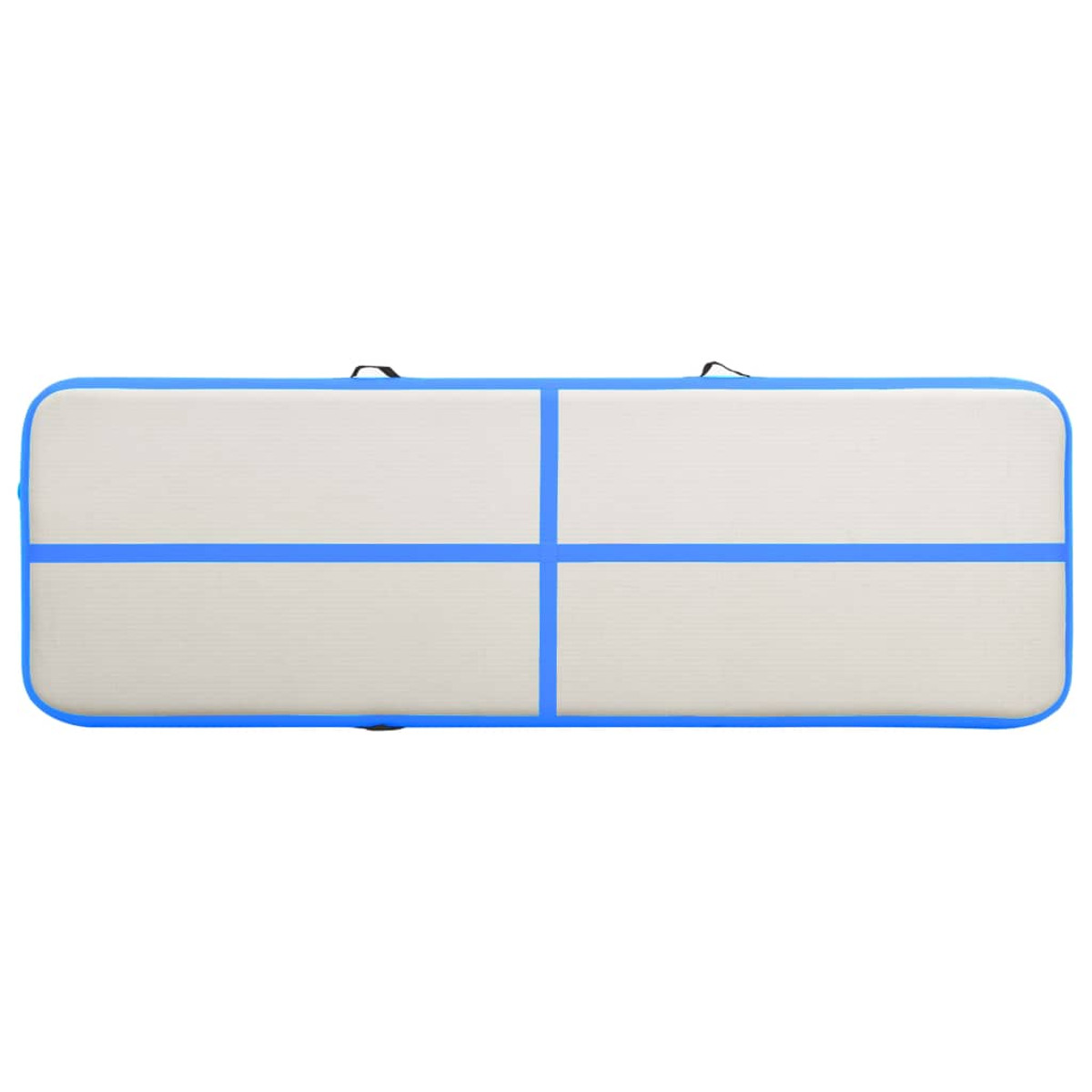 Colchoneta de aire inflable rectangular. Superficie blanca con bordes azules, asas negras.