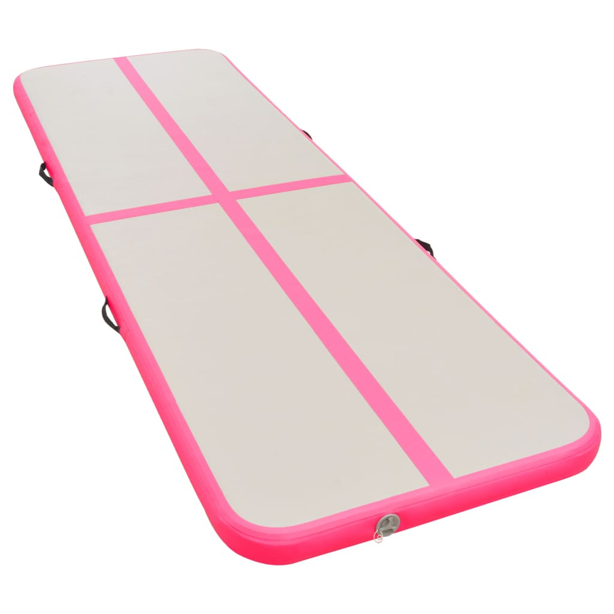 Un tappeto da ginnastica gonfiabile rosa e bianco, con linee rosa e maniglie nere.