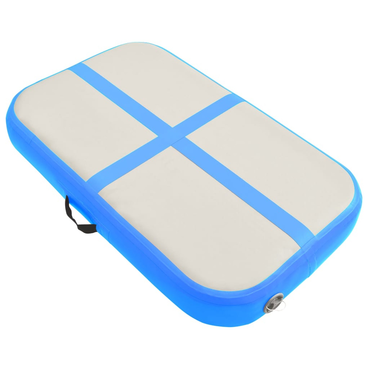 Tappeto gonfiabile rettangolare blu e bianco. Quattro linee blu attraversano la parte superiore.