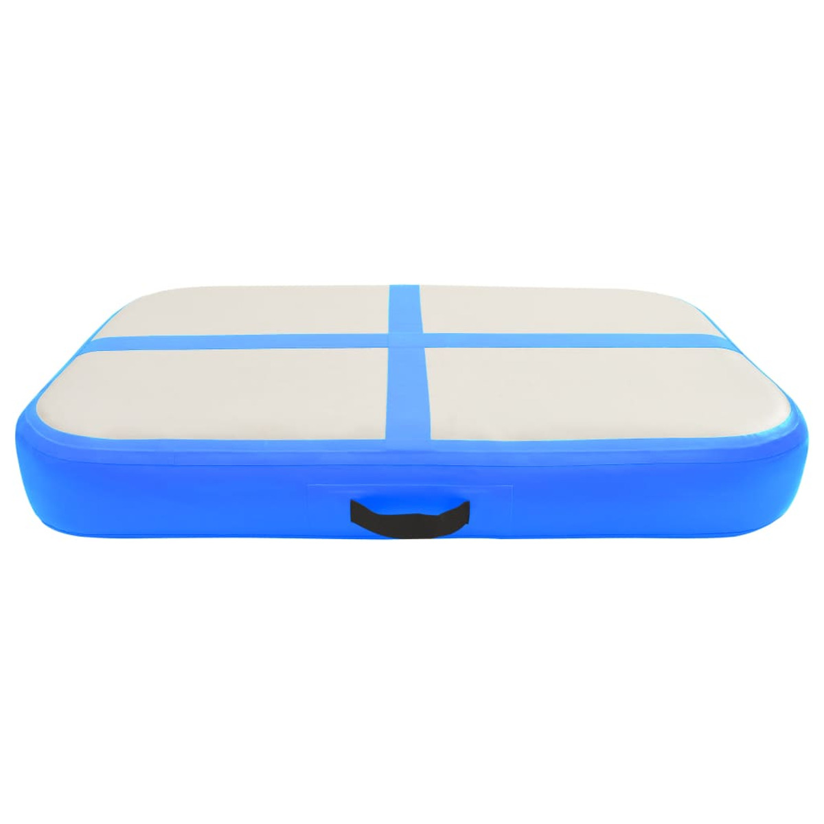 Una pista d'aria gonfiabile rettangolare blu per la ginnastica con linee bianche e blu.