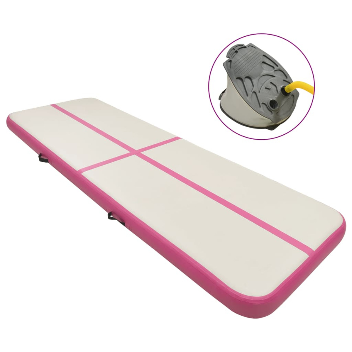 Tappetino gonfiabile bianco e rosa con una pompa a mano nell'angolo.