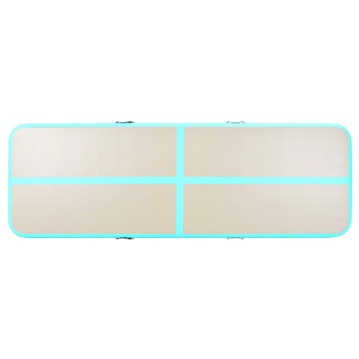 Pista d'aria rettangolare blu e beige per ginnastica. Ha maniglie e linee nere.