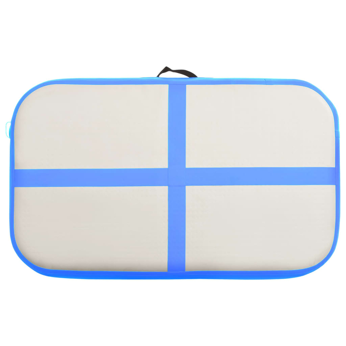 Un tappeto ad aria rettangolare blu e bianco per ginnastica su sfondo bianco.