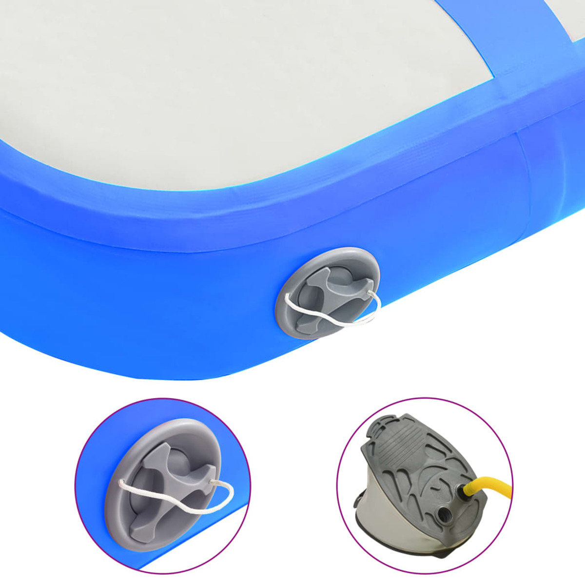 Tappeto gonfiabile blu con due valvole e pompa a pedale. Colori bianco e blu.