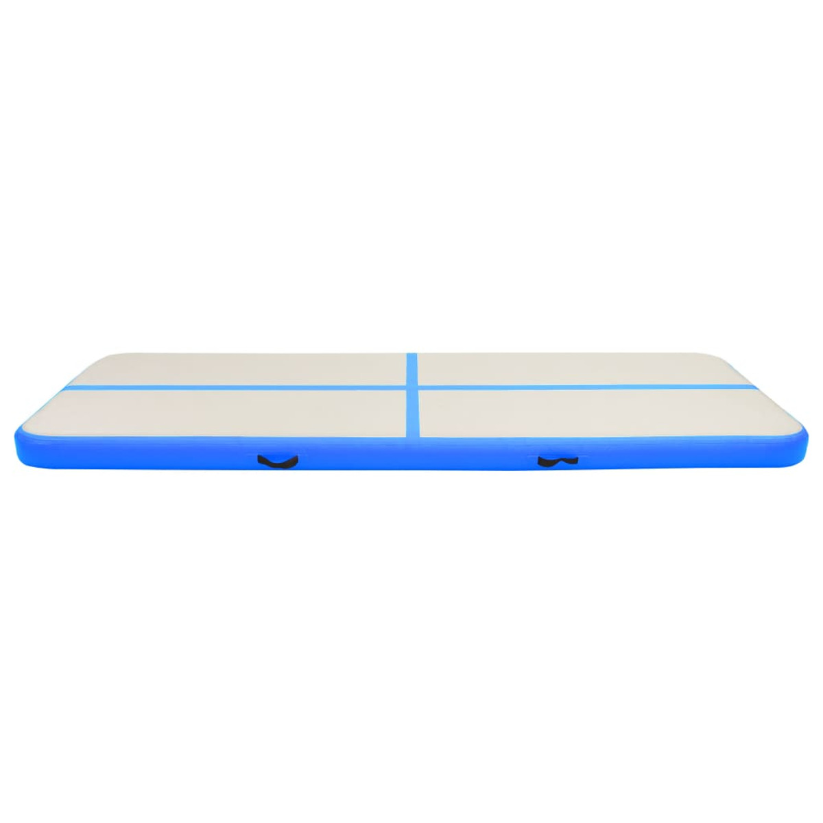 Una pista ad aria gonfiabile rettangolare, blu con linee bianche, per la ginnastica. È appoggiata a terra.
