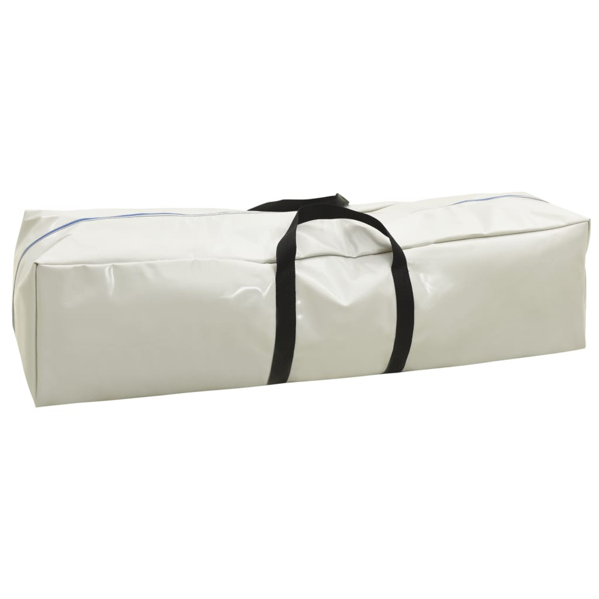 Una lunga borsa bianca con manici neri e cerniera blu, isolata su sfondo bianco.