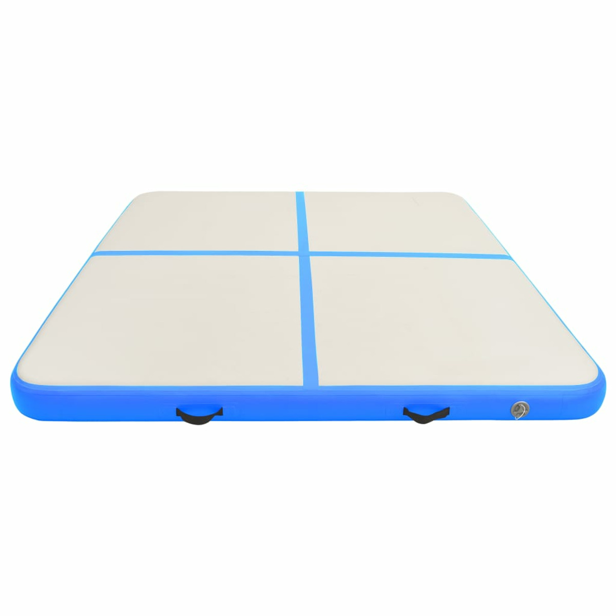 Rechteckige Luftmatte in Weiß und Blau, mit blauen Linien, auf weißem Hintergrund. Griffe und Ventil sichtbar.