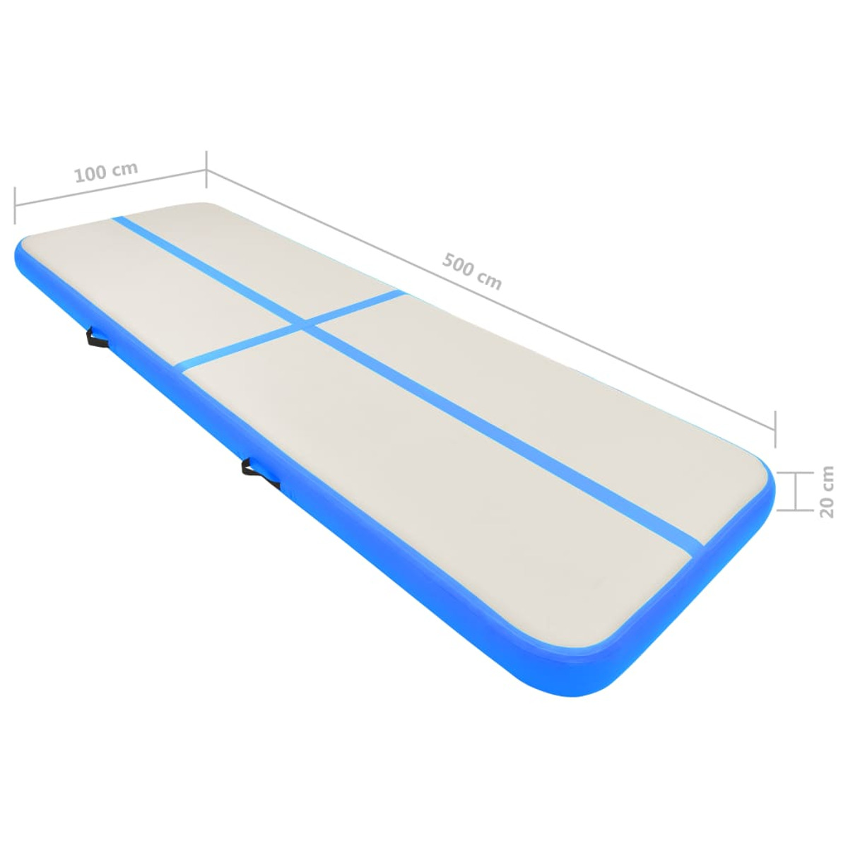 Eine Airtrack-Matte, blau und weiß, mit den angegebenen Abmessungen: 100 cm x 500 cm x 20 cm.