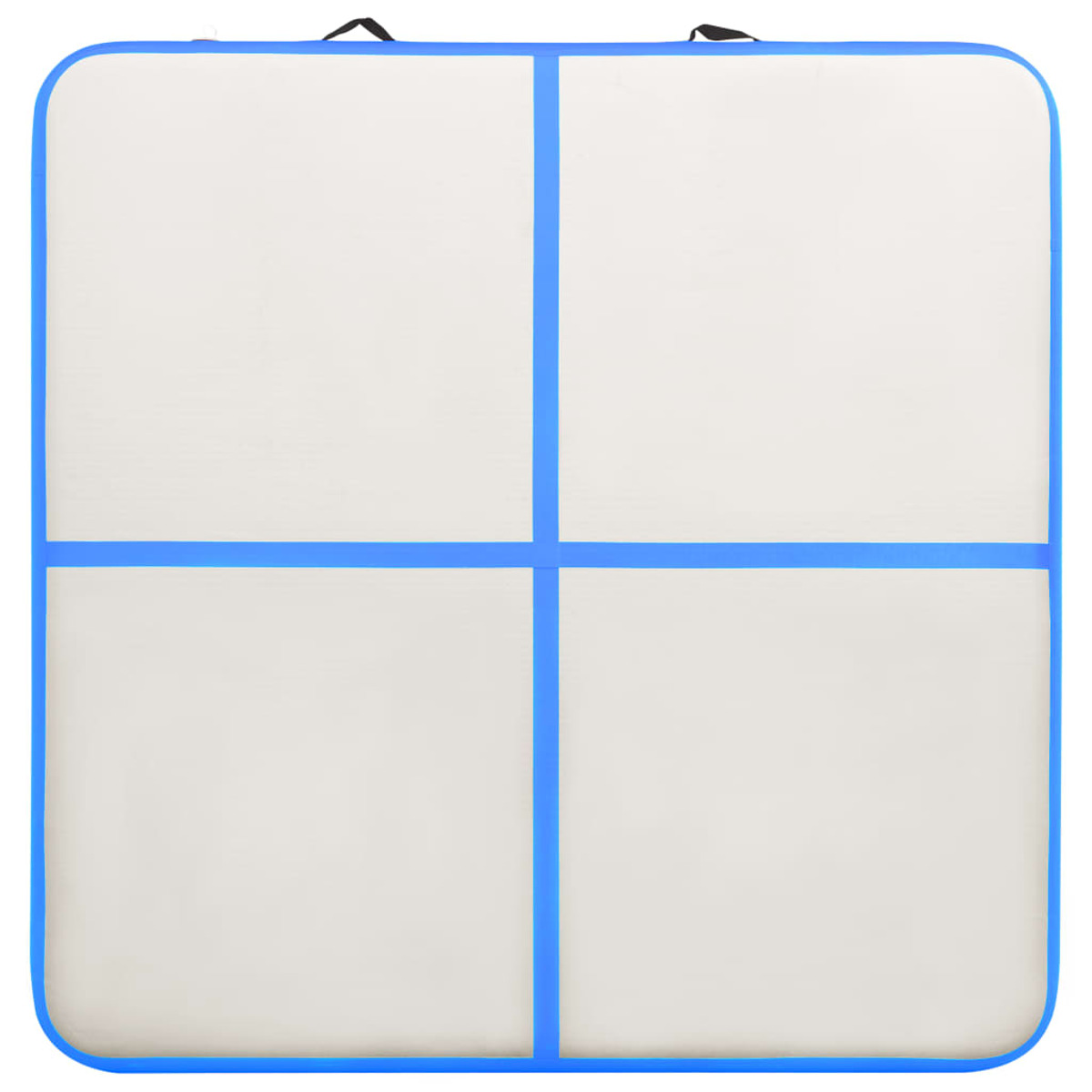 Una colchoneta de pista de aire rectangular blanca con líneas azules que forman cuatro cuadrantes. Los bordes son azules.