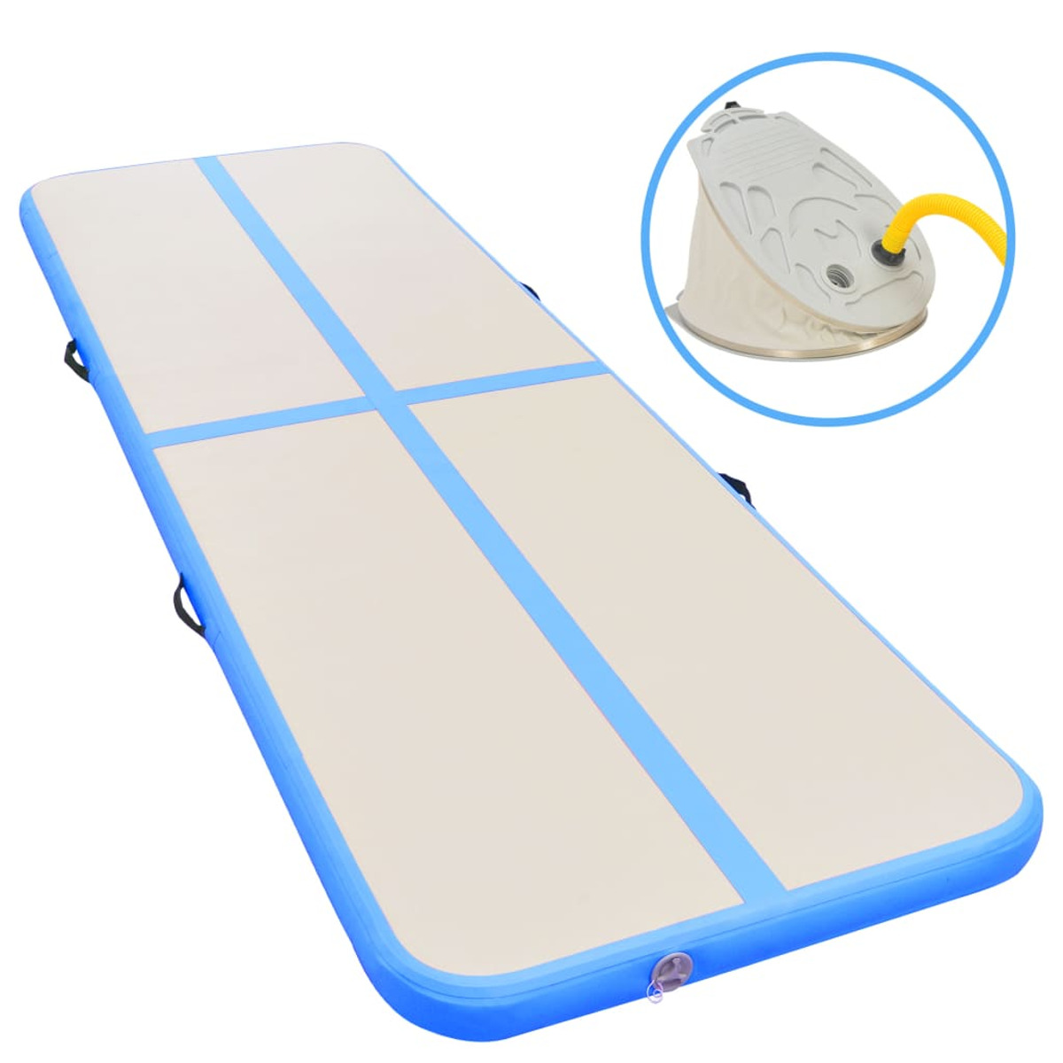 Airtrack gonfiabile con strisce blu e una pompa a incasso.