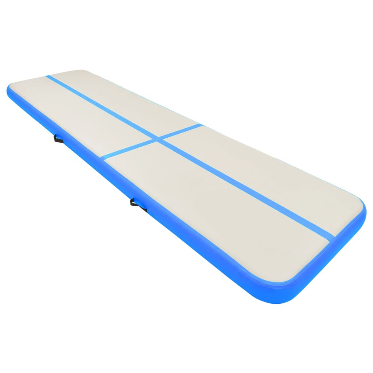 Colchoneta de pista de aire blanca y azul, forma rectangular, sobre fondo blanco.