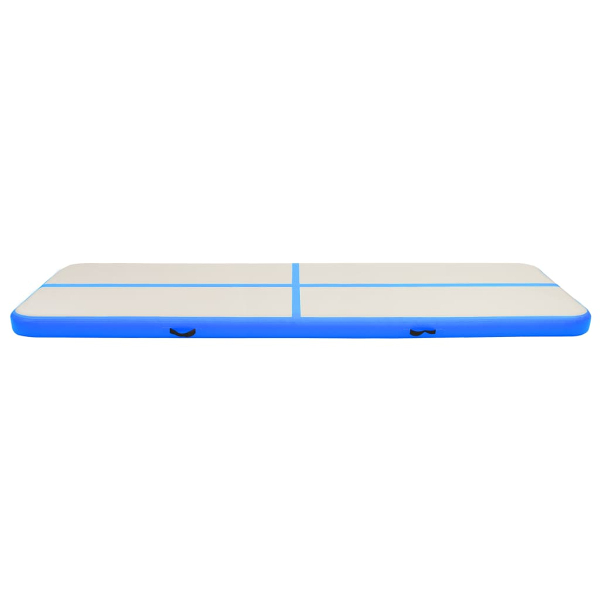 Una colchoneta de pista de aire, rectangular, con bordes azules, plana en el suelo, vista lateralmente.