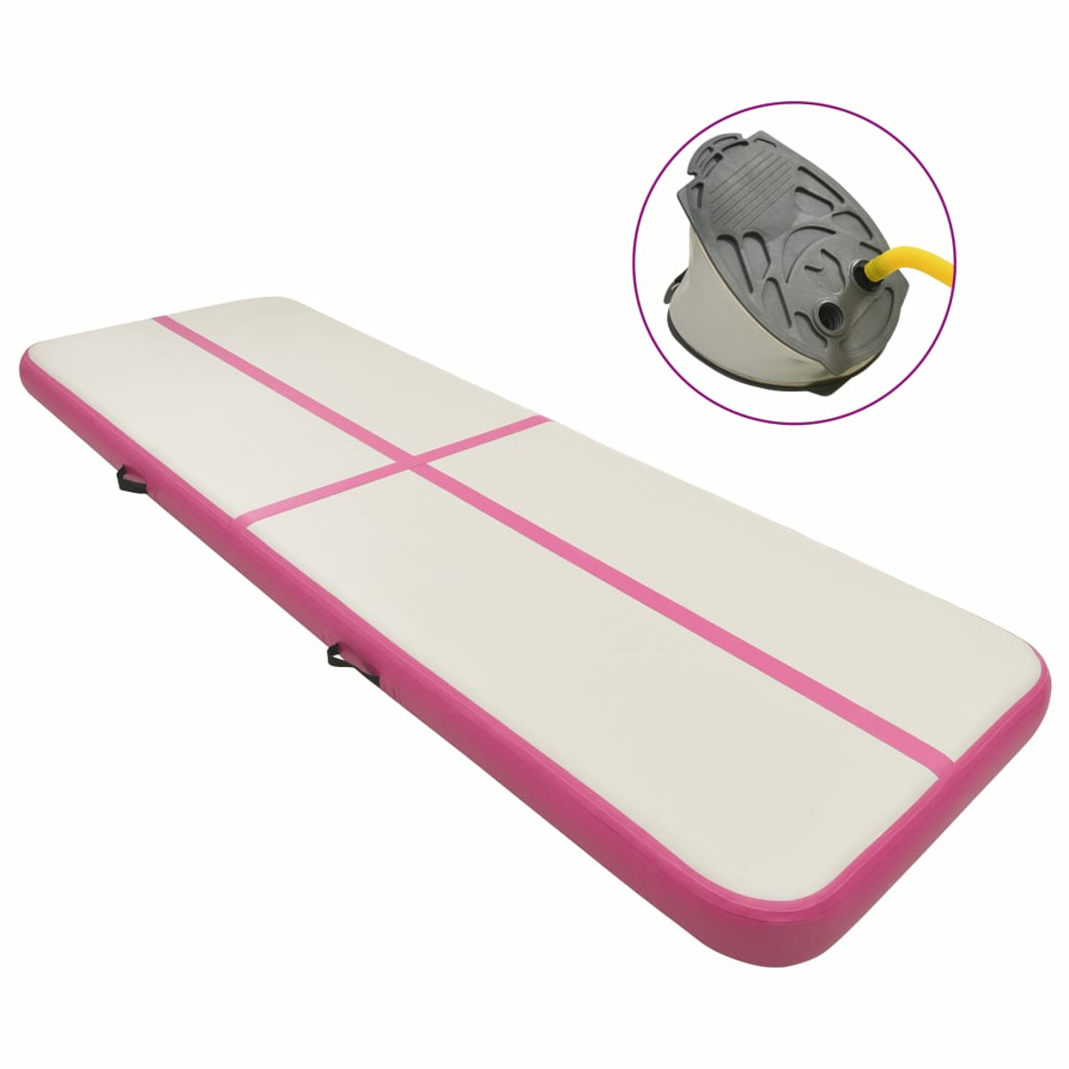 Un tappeto Airtrack gonfiabile con strisce rosa e una pompa, isolato su sfondo bianco.