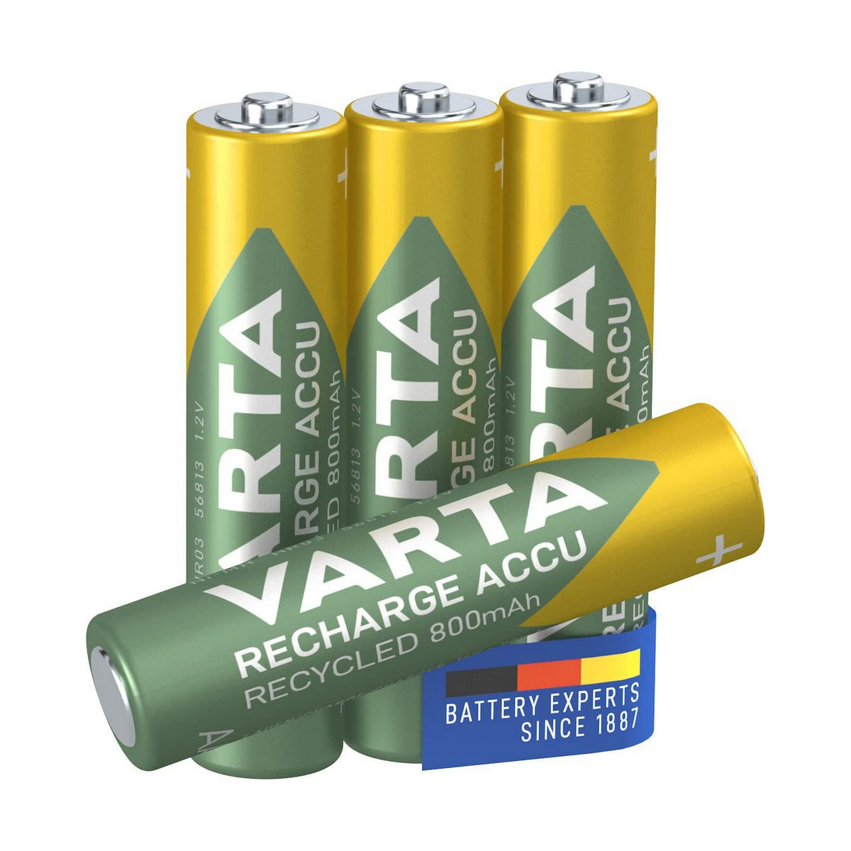 Trzy baterie AA z zieloną etykietą i tekstem 'RECHARGE ACCU RECYCLED'.