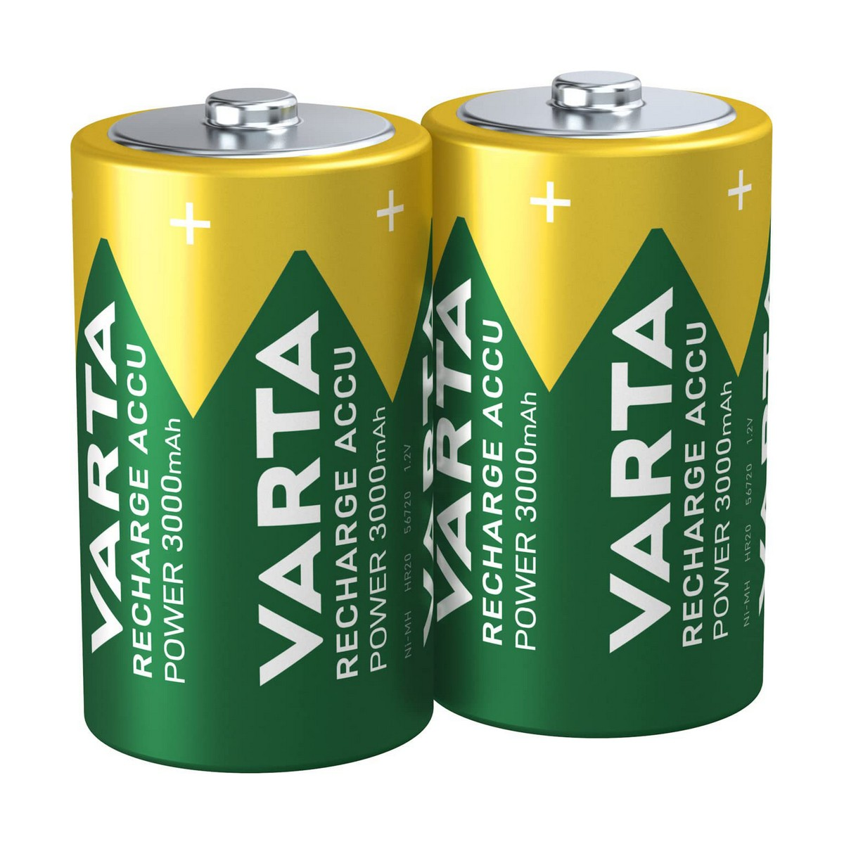 Twee gele en groene VARTA Recharge Accu batterijen. Witte achtergrond.