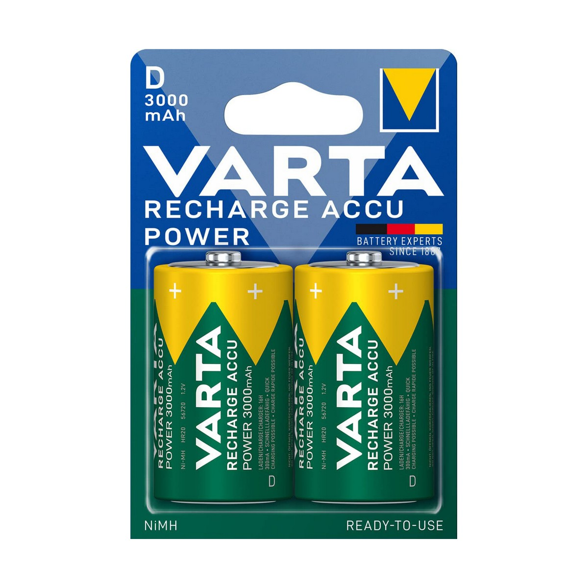 Twee Varta Recharge Accu Power batterijen. De batterijen zijn groen en geel. Ready-to-use NiMH D 3000mAh.