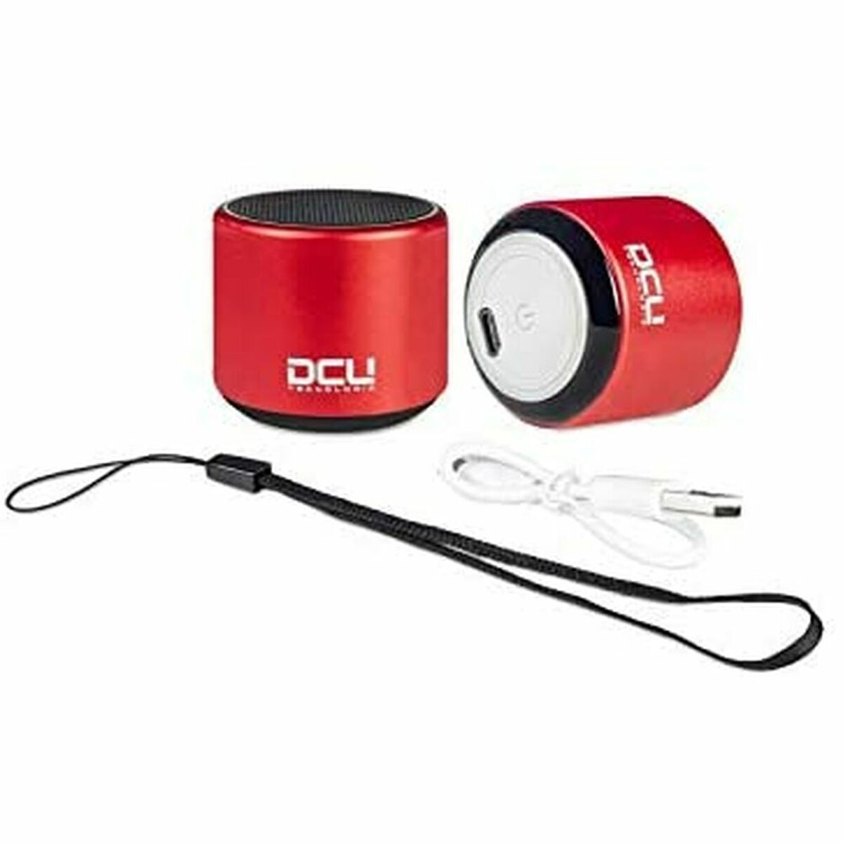 Dos altavoces cilíndricos rojos, un cable de carga y un cordón negro.