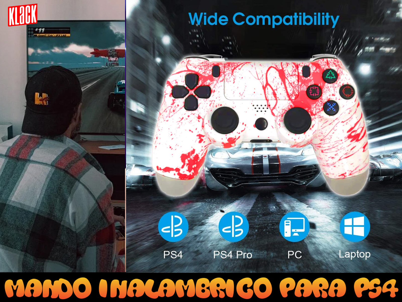 Un mando de juegos blanco y rojo con botones, y un hombre jugando en segundo plano.
