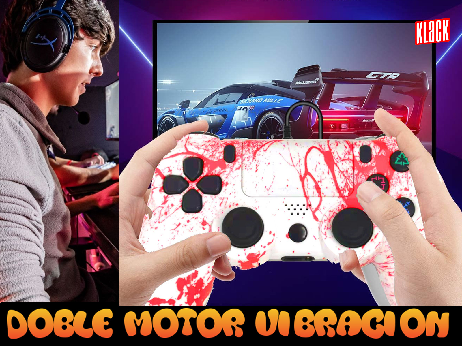 Jugador sosteniendo un controlador con diseño de salpicaduras rojas. Pantalla de juego con coches de fondo.