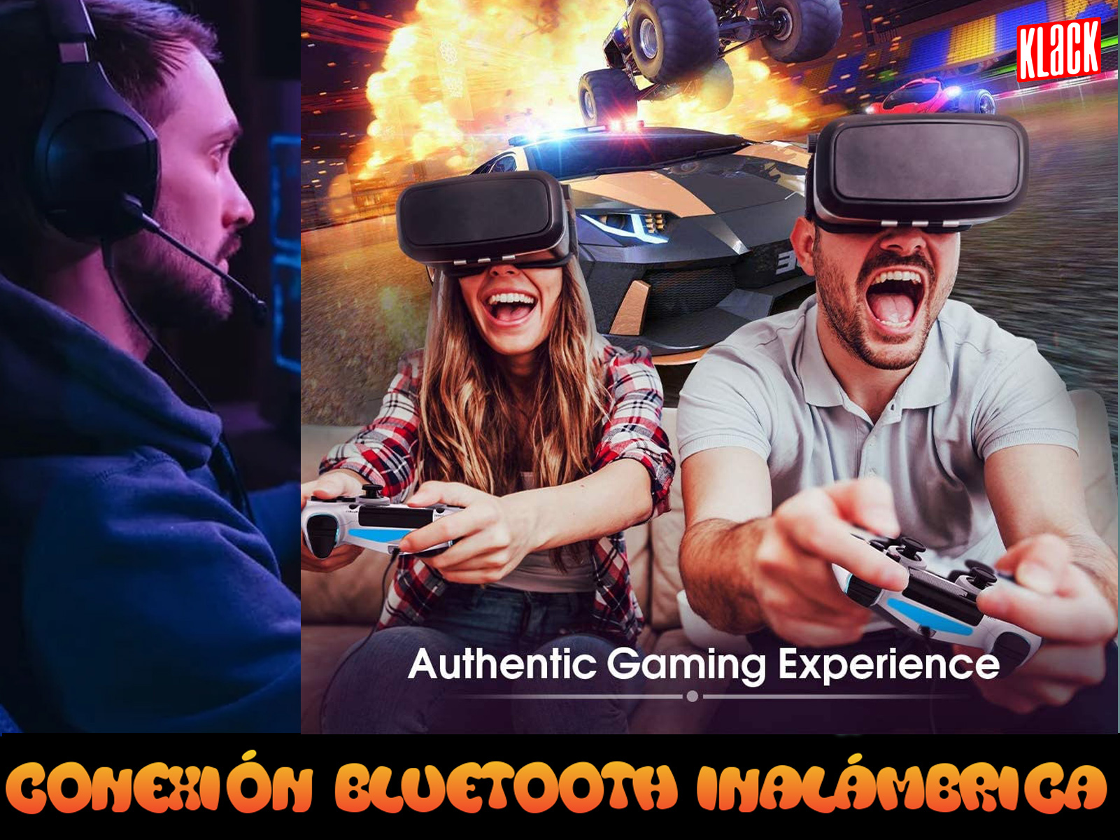 Personas con auriculares VR jugando con mandos, con texto sobre conexión inalámbrica Bluetooth.