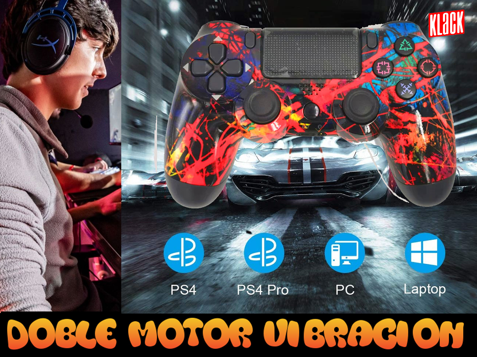 Un jugador juega con un controlador; un coche está en el fondo, junto con detalles del controlador.