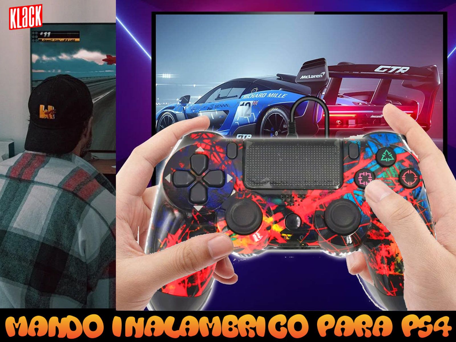 Persona sosteniendo un mando de juego colorido, con juego de carreras detrás.