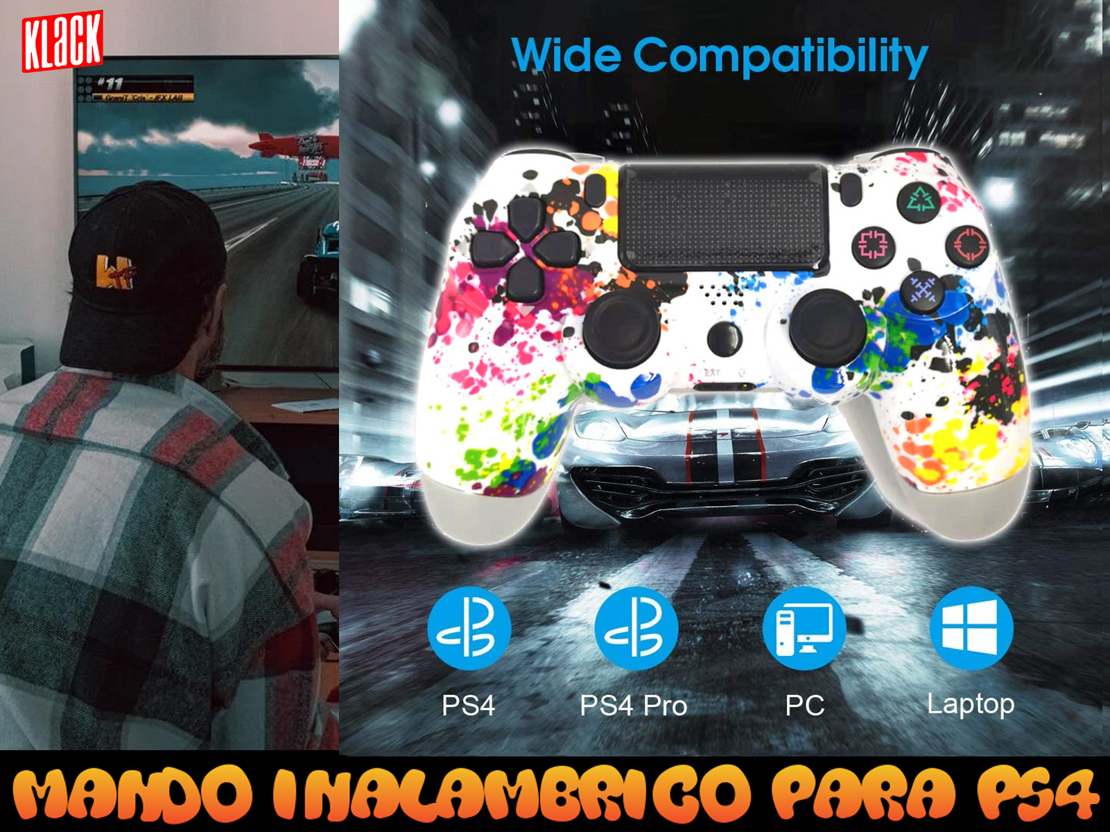 Mando de juego blanco con salpicaduras de pintura de colores. Un hombre está jugando un juego de coches en una pantalla grande.