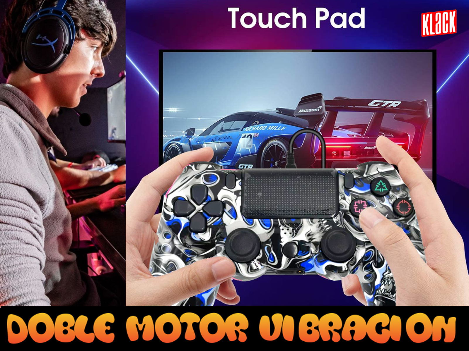Jugador usando un mando, pantalla con carreras de coches y mando con botones de calavera.