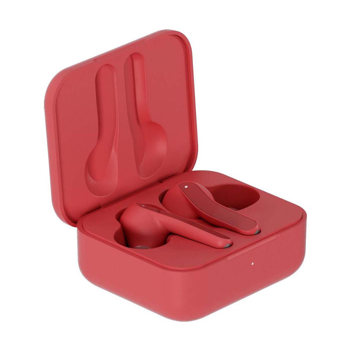 Rote Ohrhörer in rotem Etui. Geöffnetes Etui, zwei Ohrhörer sichtbar.