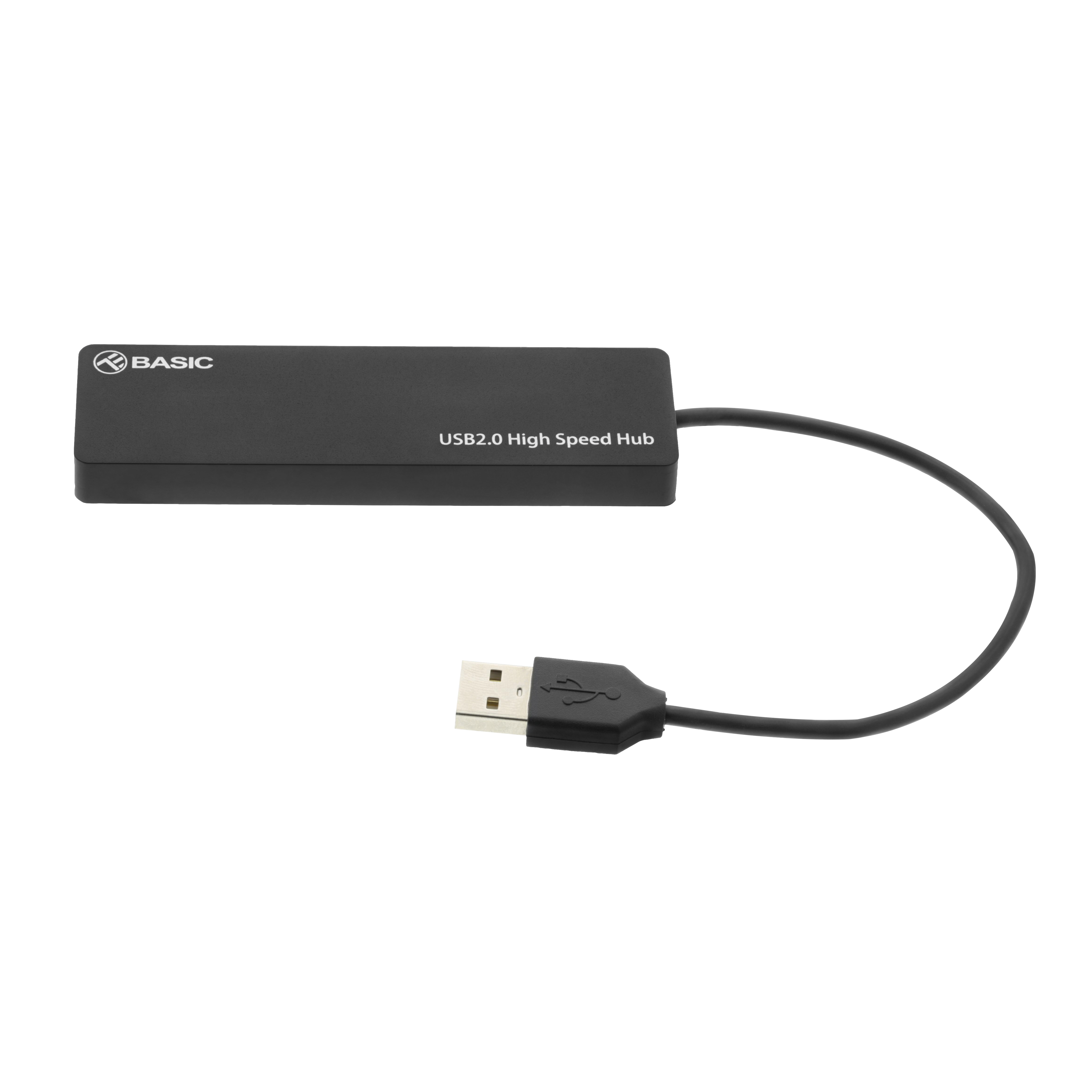 Un concentrador USB 2.0 de alta velocidad negro con un conector USB y un cable que se extiende desde el lateral.