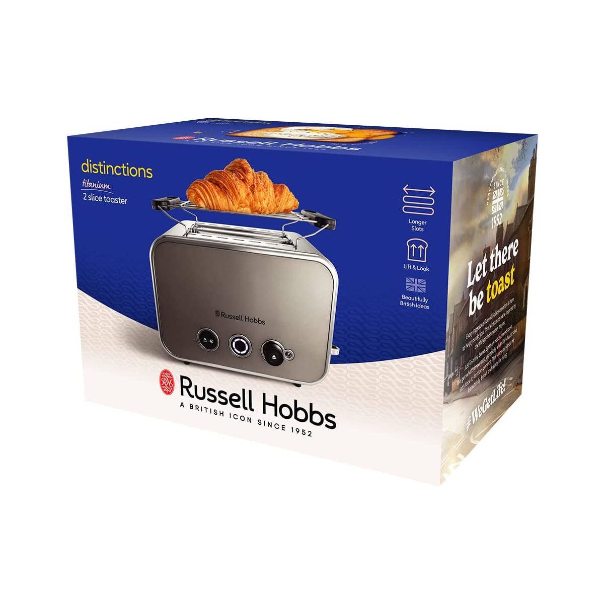 Box mit Toaster und Croissant, Text: Russell Hobbs, Distinctions, 2 Scheiben.