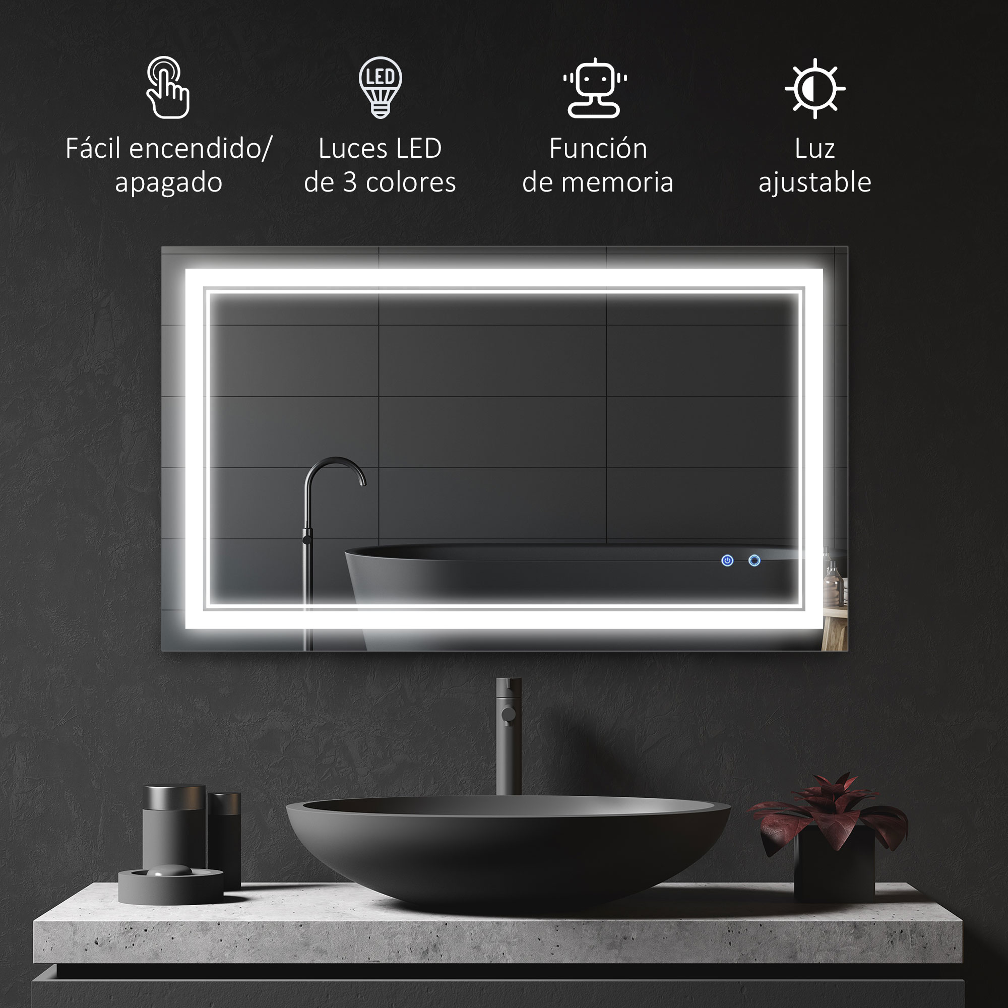 Espejo de baño moderno con iluminación LED. Fregadero negro, grifo y encimera. Artículos decorativos y planta.