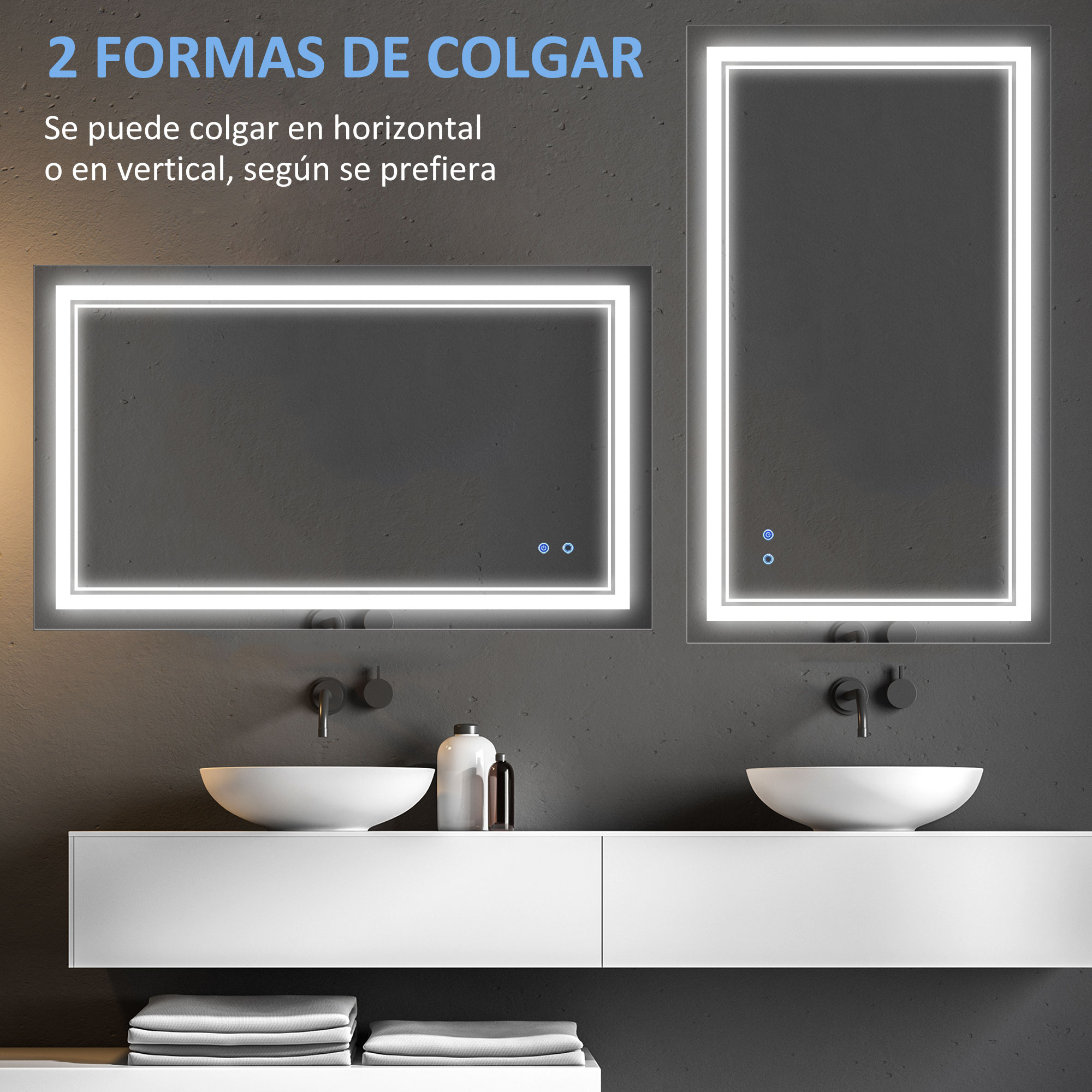 Dos espejos iluminados en una pared oscura. Texto: 2 formas de colgar.
