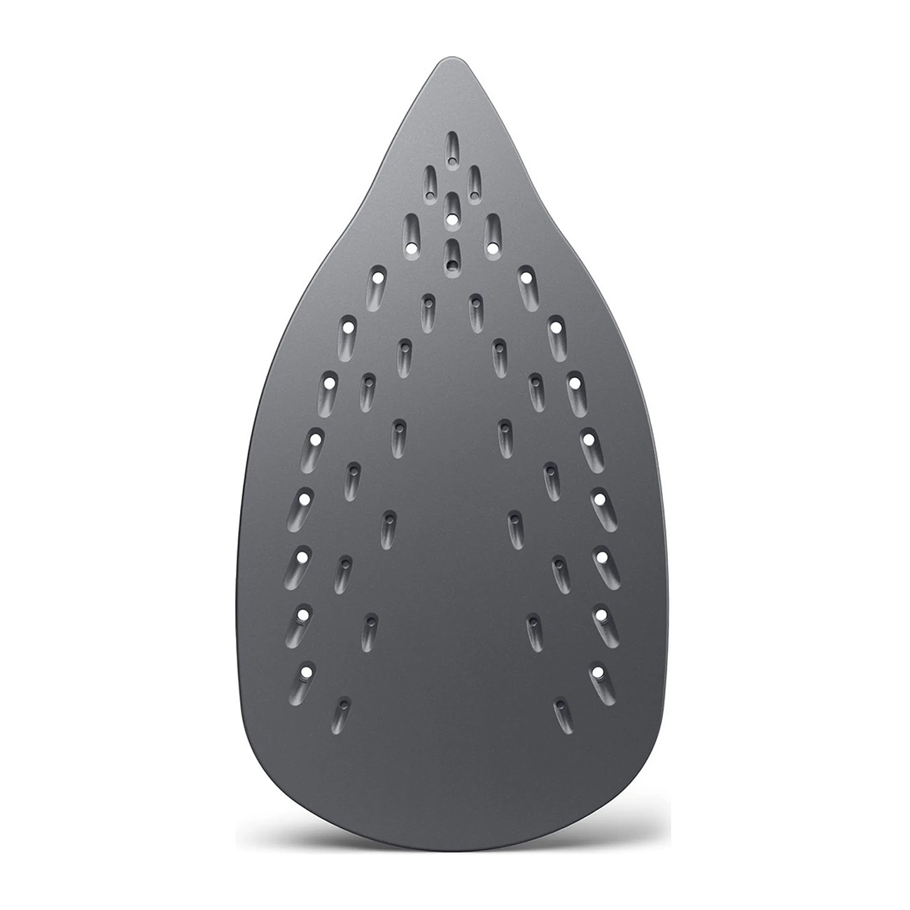 Zbliżenie szarej stopy żelazka z otworami. Ma kształt łzy.