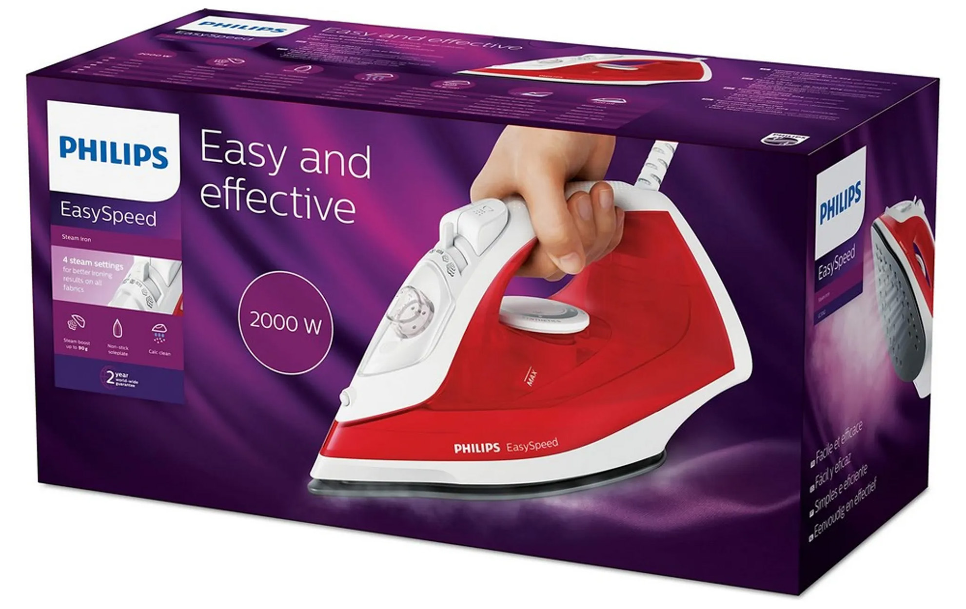 Żelazko Philips w pudełku. Czerwono-białe żelazko jest trzymane przez dłoń na pudełku.