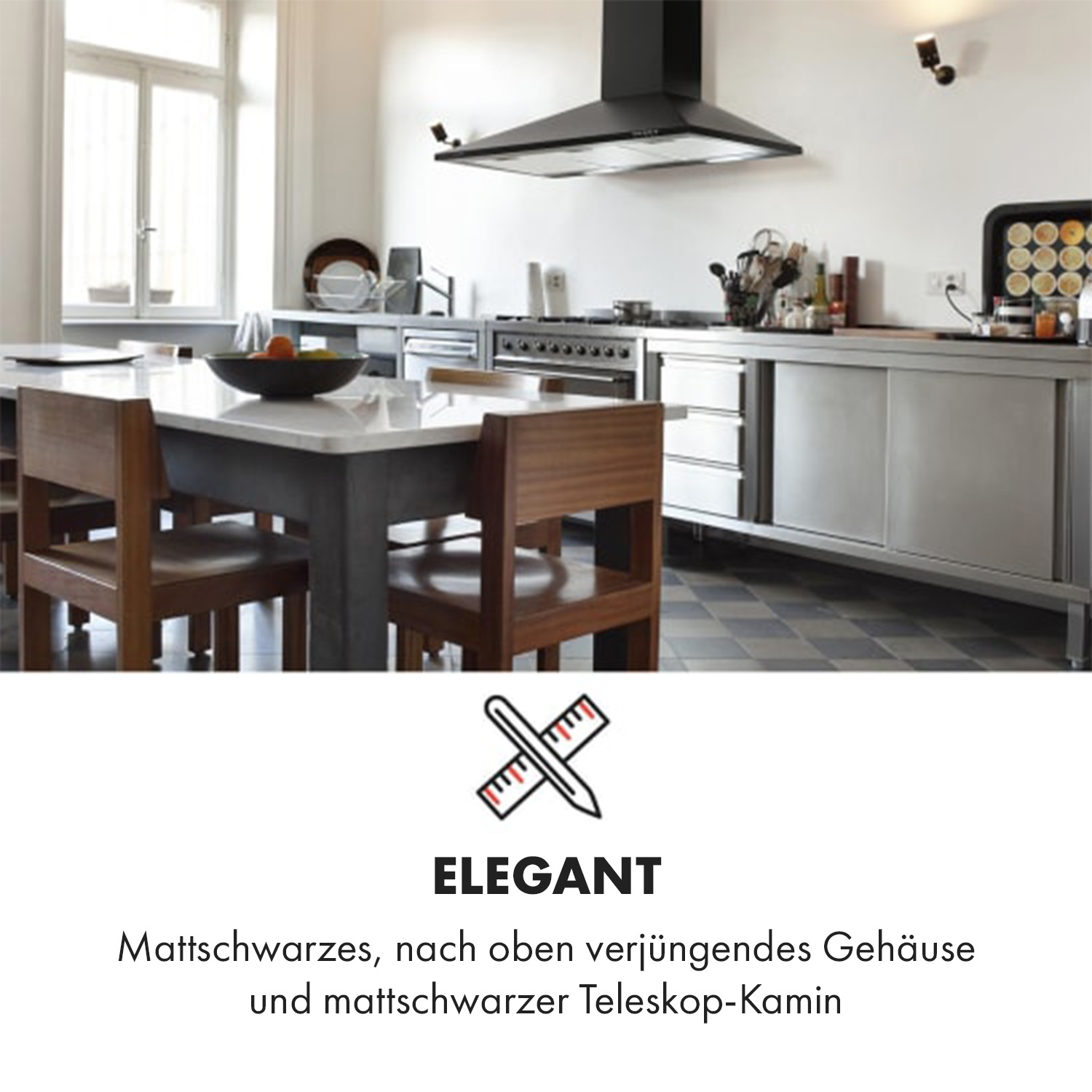 Una cocina con un diseño elegante. Cuenta con una campana extractora negra y una chimenea telescópica negra.