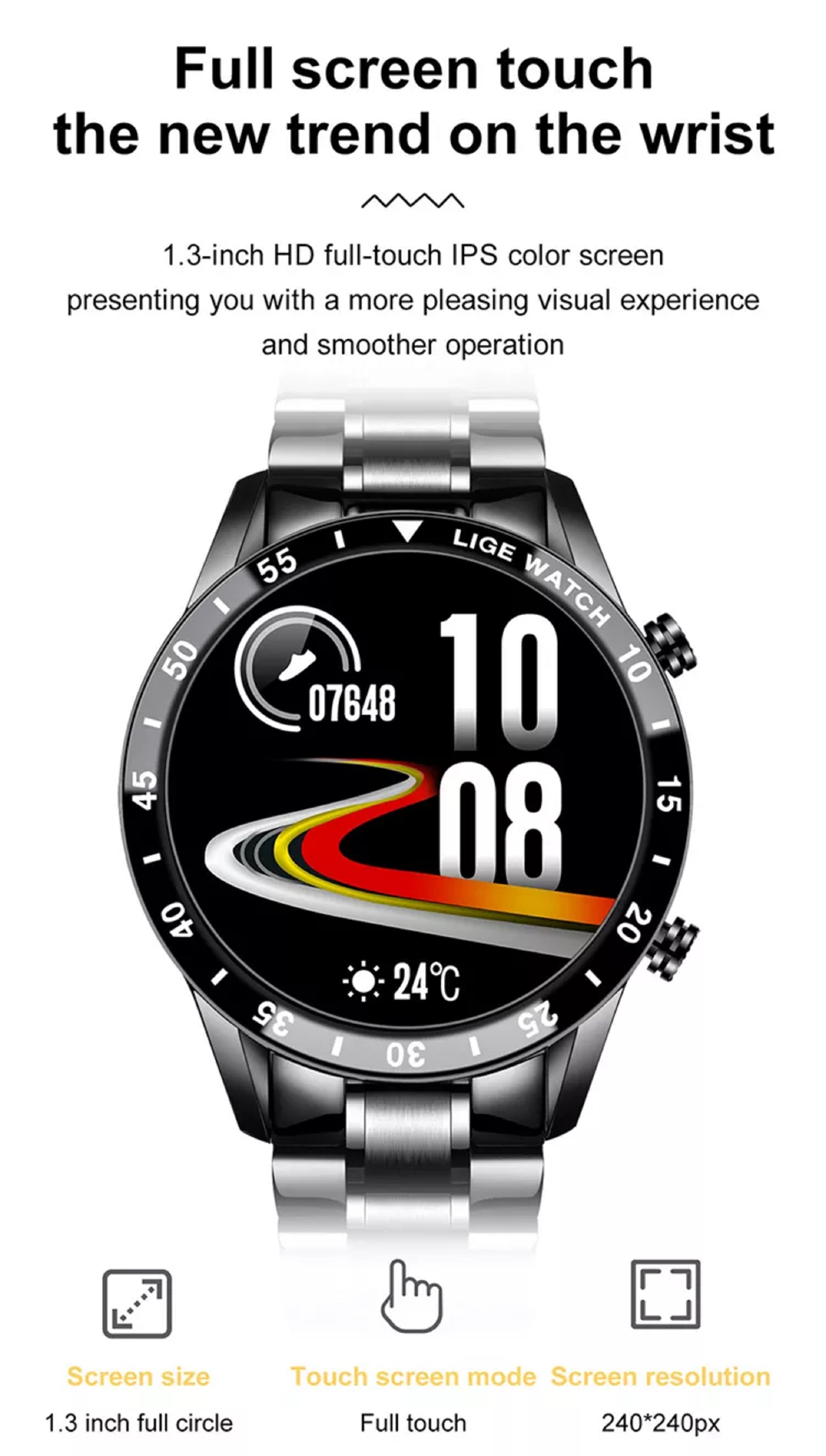 Un reloj inteligente negro con una correa plateada, mostrando la hora y un contador de pasos.