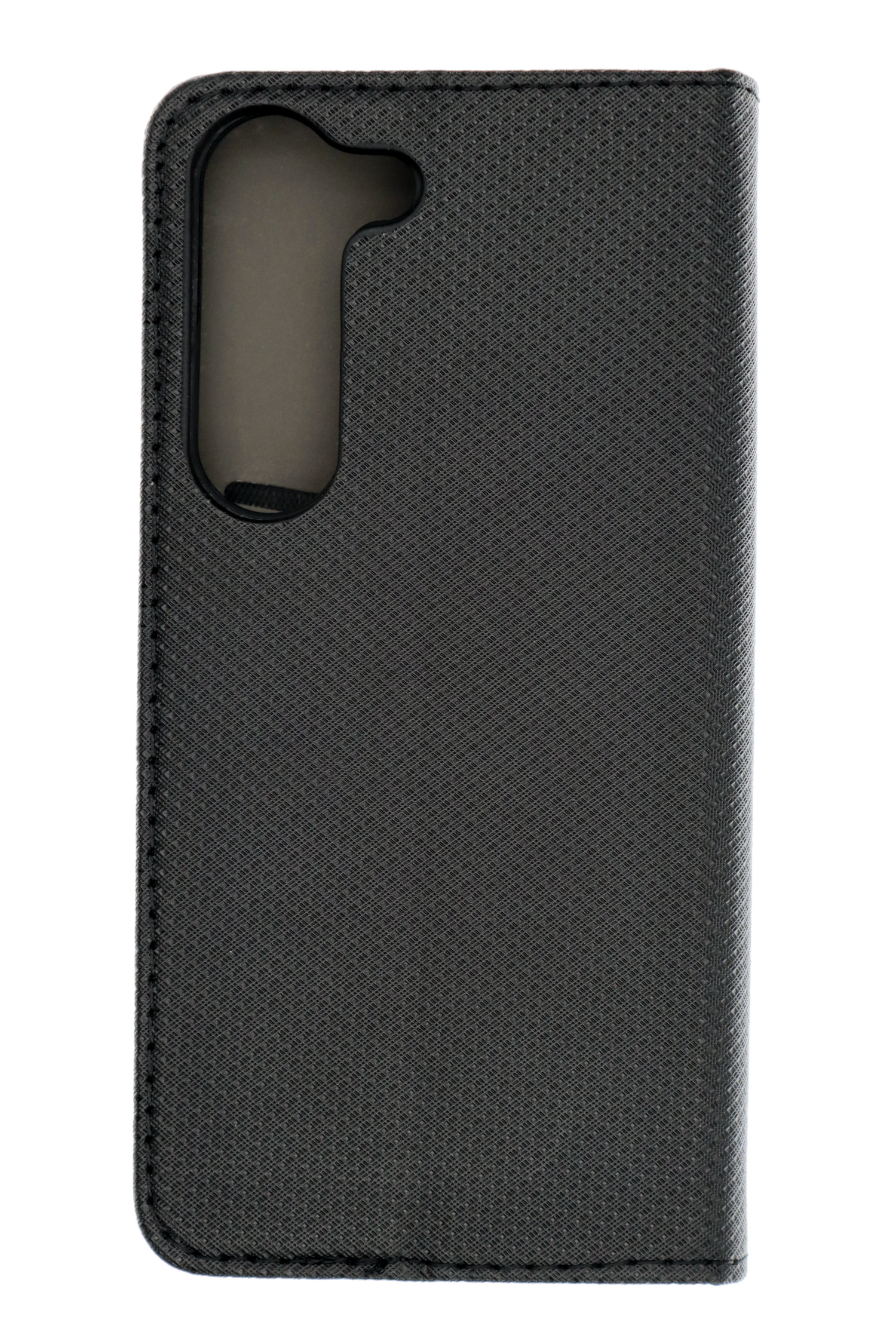 Schwarze Handyhülle. Strukturierte Oberfläche, mit Kameraausschnitt. Einfaches Design, Hochformat.