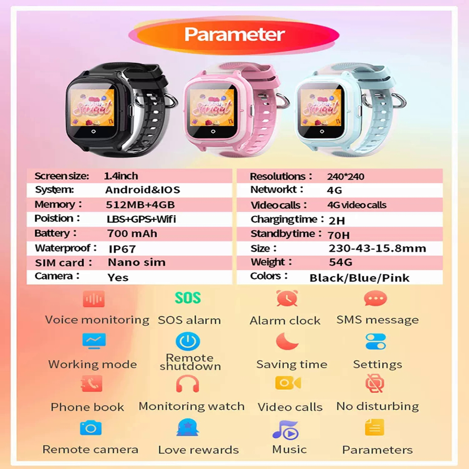 Smartwatches en negro, rosa y azul. Las funciones incluyen tamaño de pantalla, memoria y resistencia al agua.