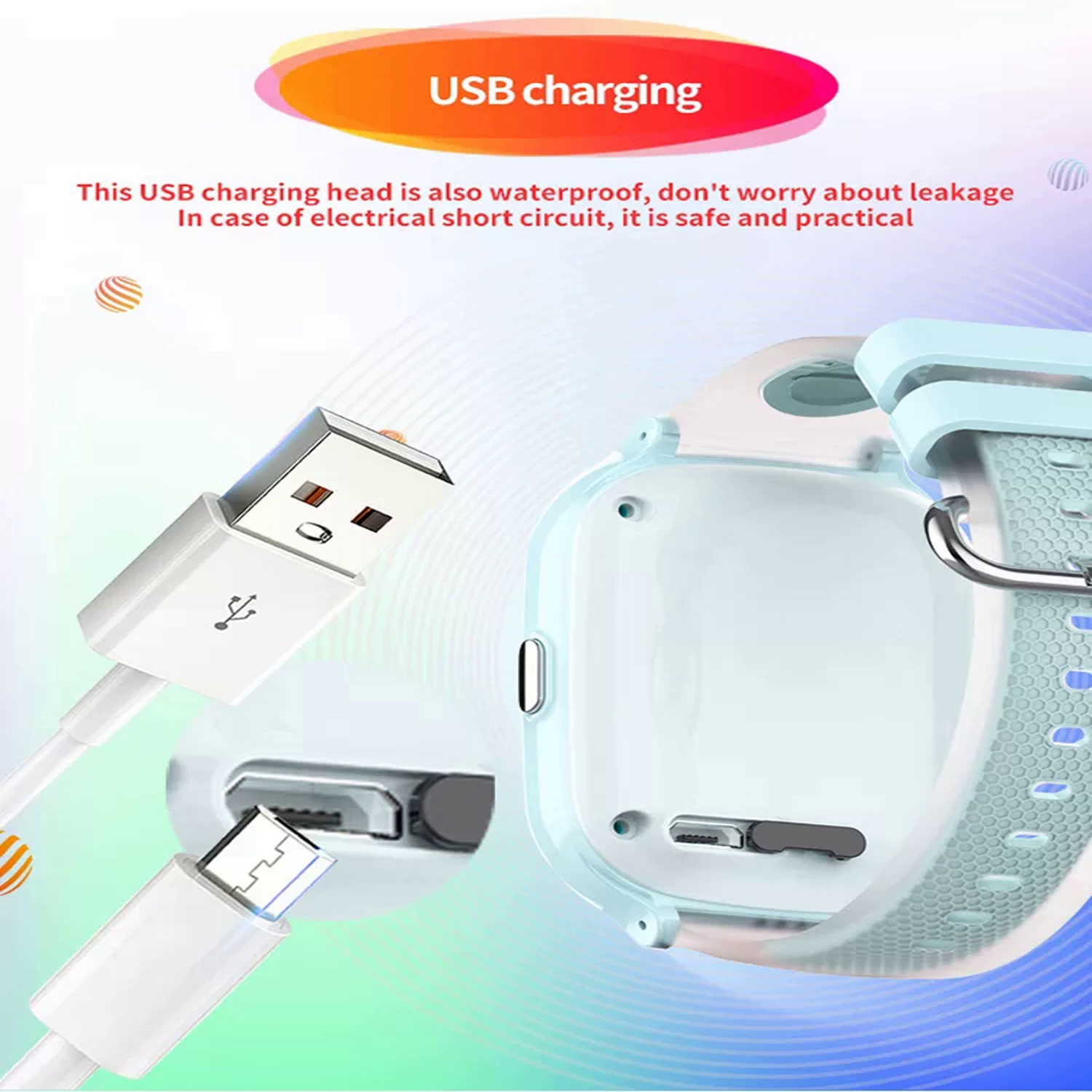 Smartwatch conectada a un cargador USB, con texto sobre la seguridad de la carga USB.