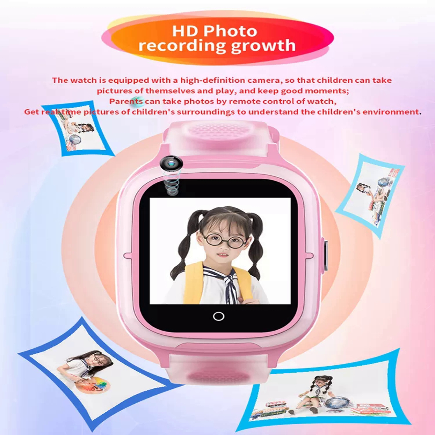 Smartwatch rosa para niños, mostrando foto de niña, texto sobre grabación HD y funciones.