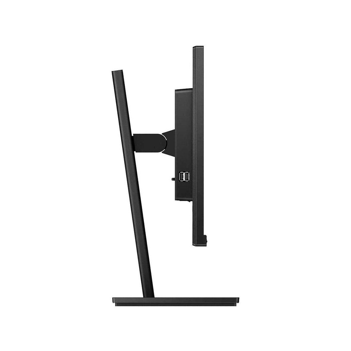 Widok z boku czarnego monitora komputera ze stojakiem. Jest na białym tle.