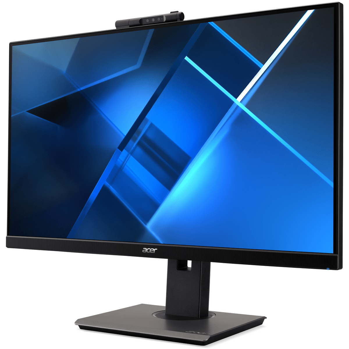 Monitor Acer con pantalla azul, una webcam y base negra, sobre fondo blanco.