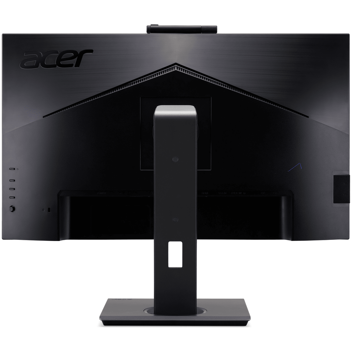Parte trasera de un monitor de computadora negro con soporte.