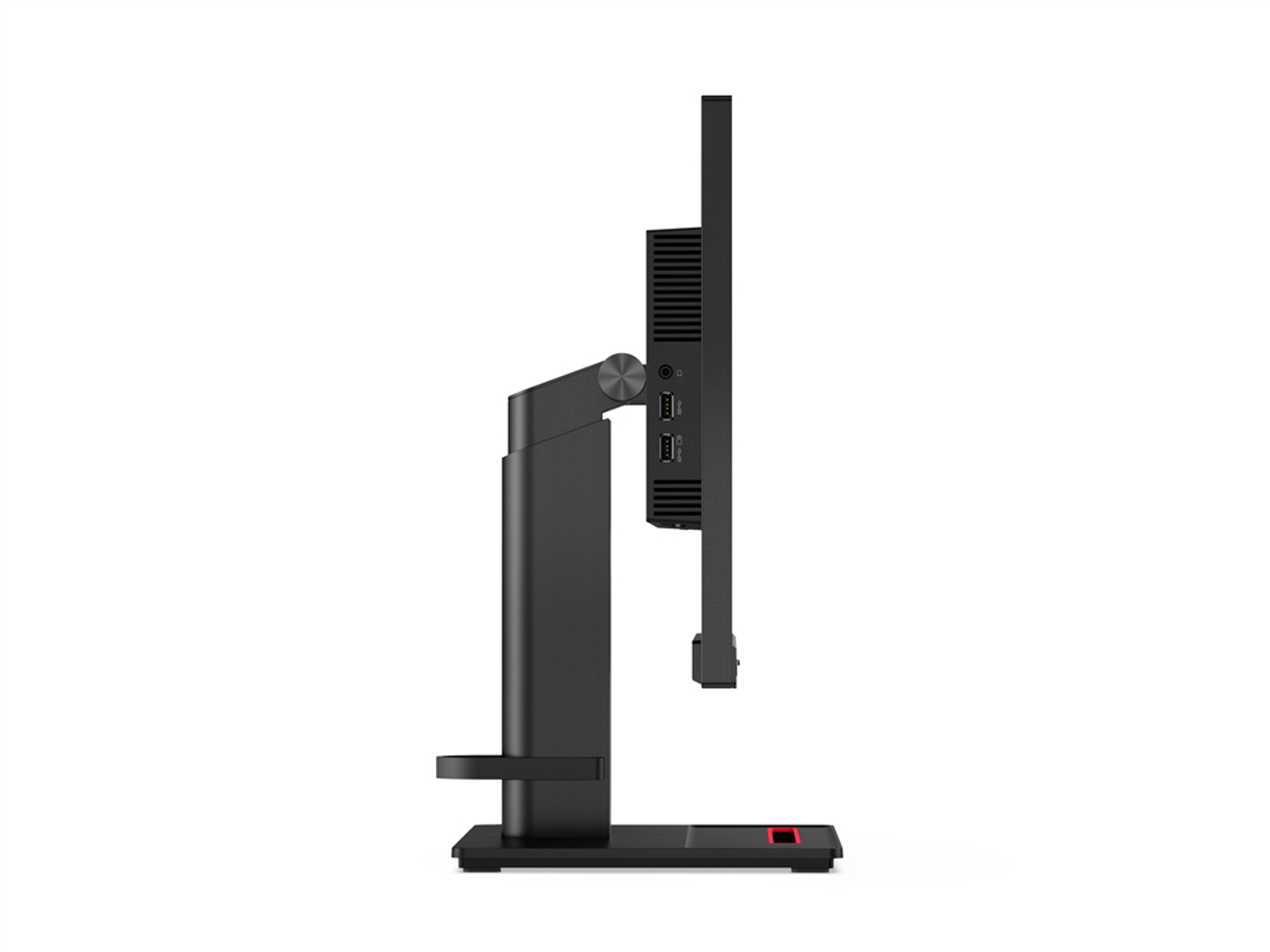 Una vista lateral de un monitor de computadora negro con una base cuadrada y un soporte ajustable.