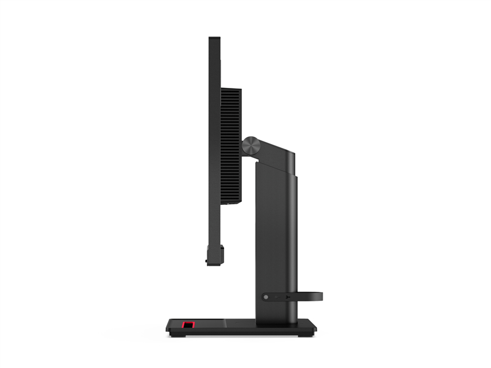 Monitor de ordenador negro en perfil lateral. El soporte es negro y tiene una base roja.
