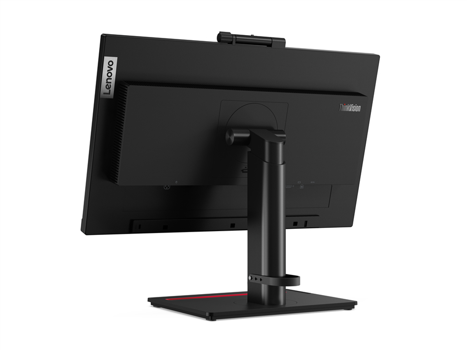 Un monitor de computadora negro con webcam y soporte, visto desde atrás.