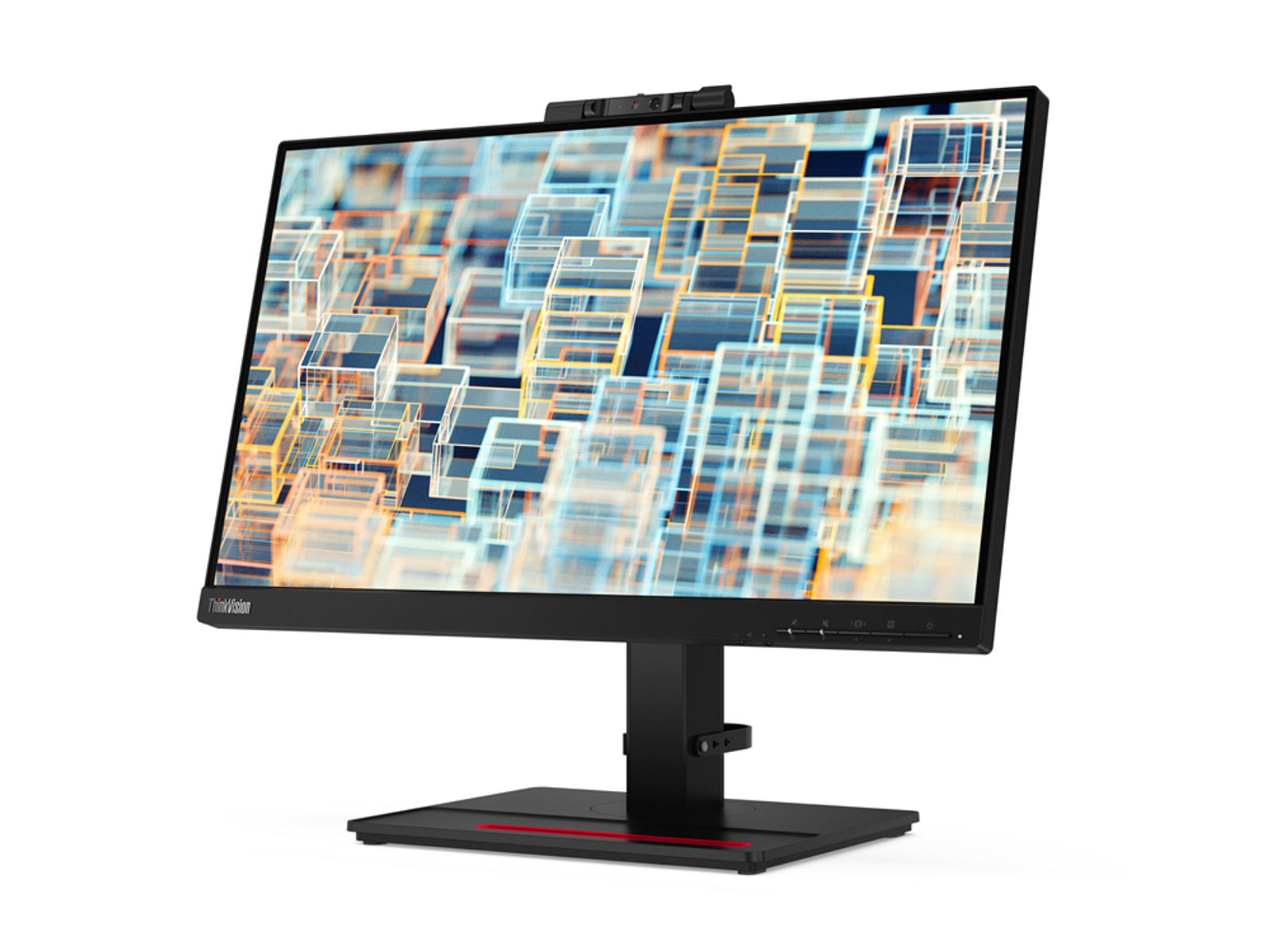 Monitor ThinkVision con pantalla ancha. Tiene una webcam y un soporte. Fondo blanco.