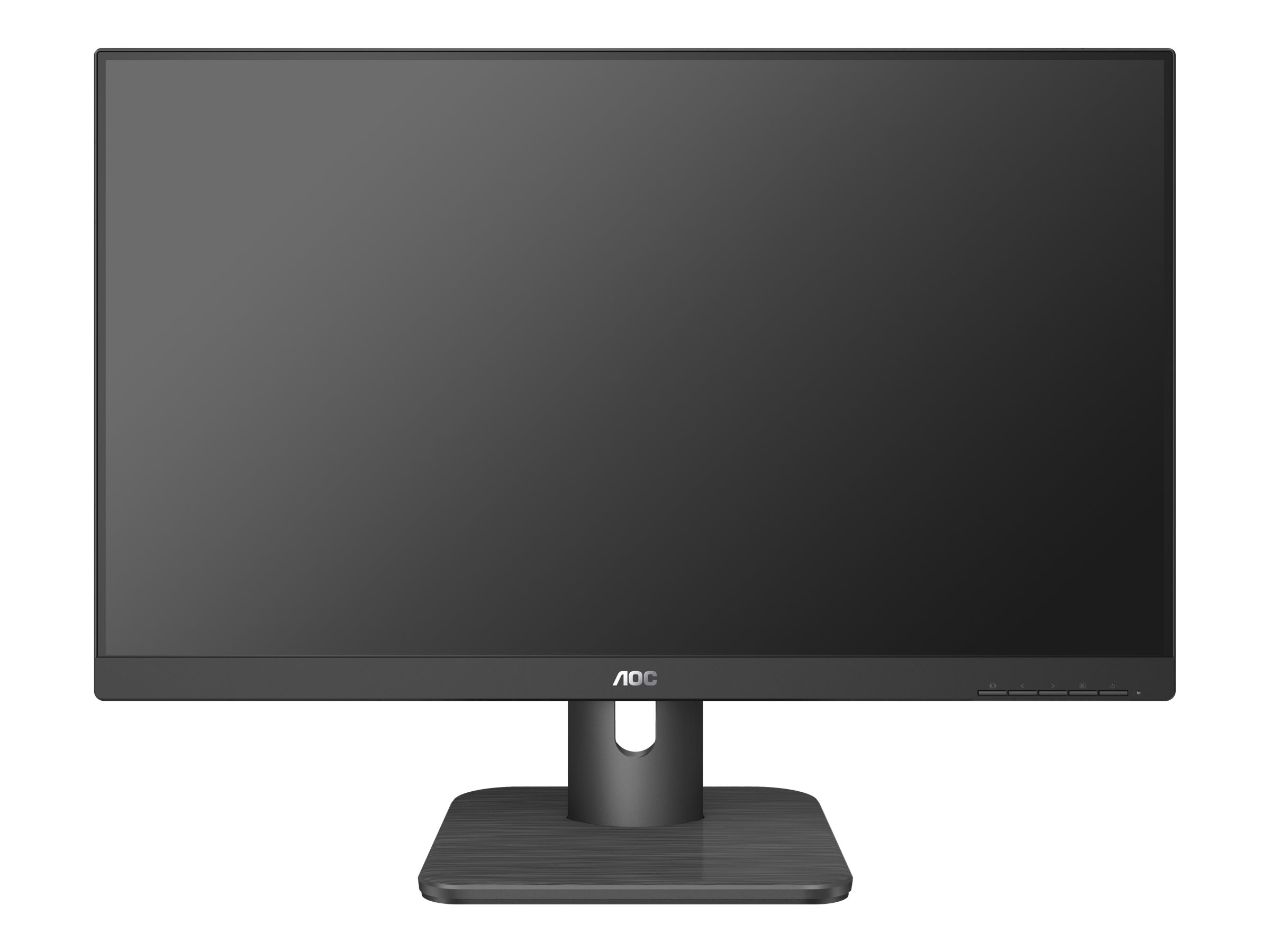 Czarny monitor komputera ze stojakiem, wyświetlający ciemny ekran.