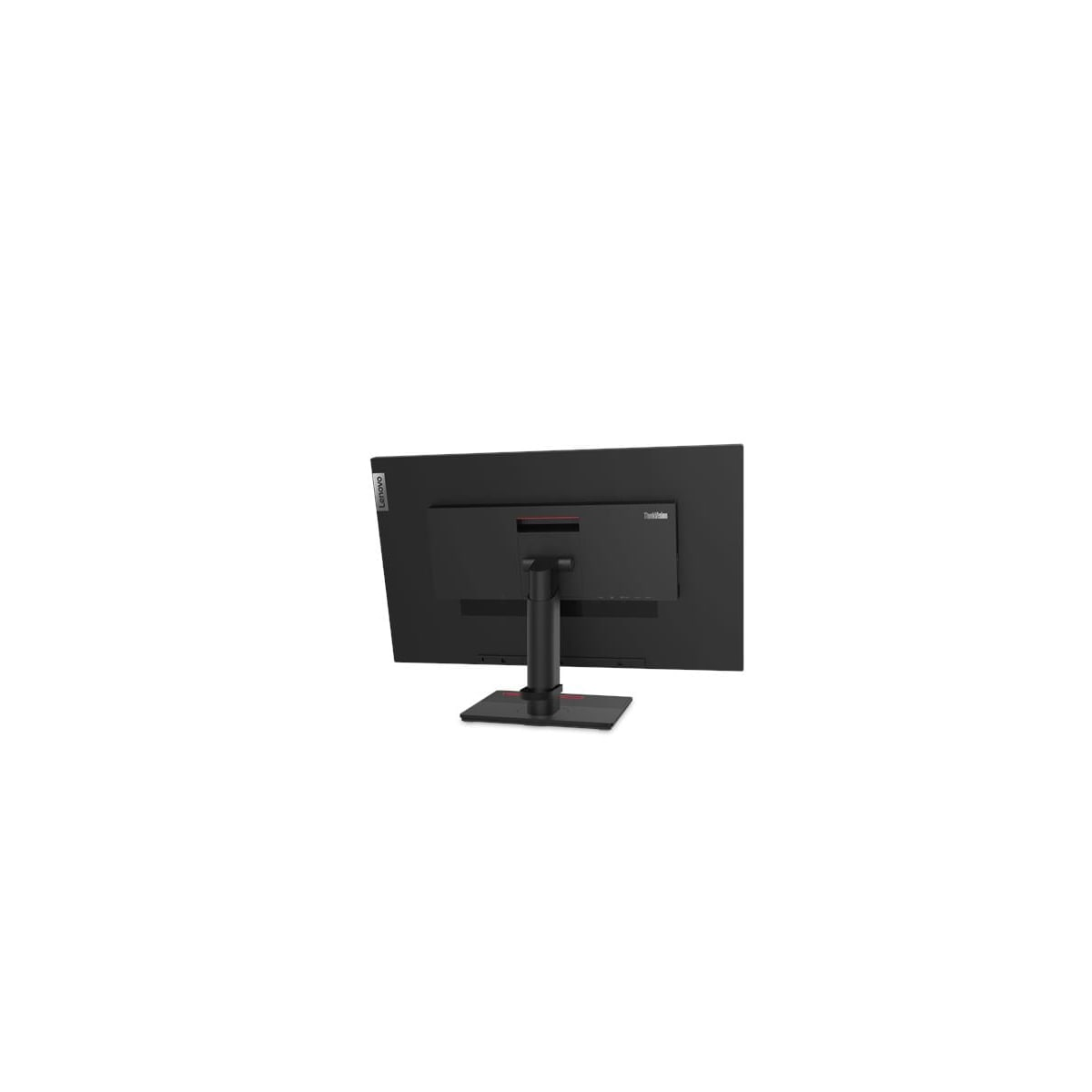 La parte trasera de un monitor negro con soporte, que muestra la marca Lenovo.